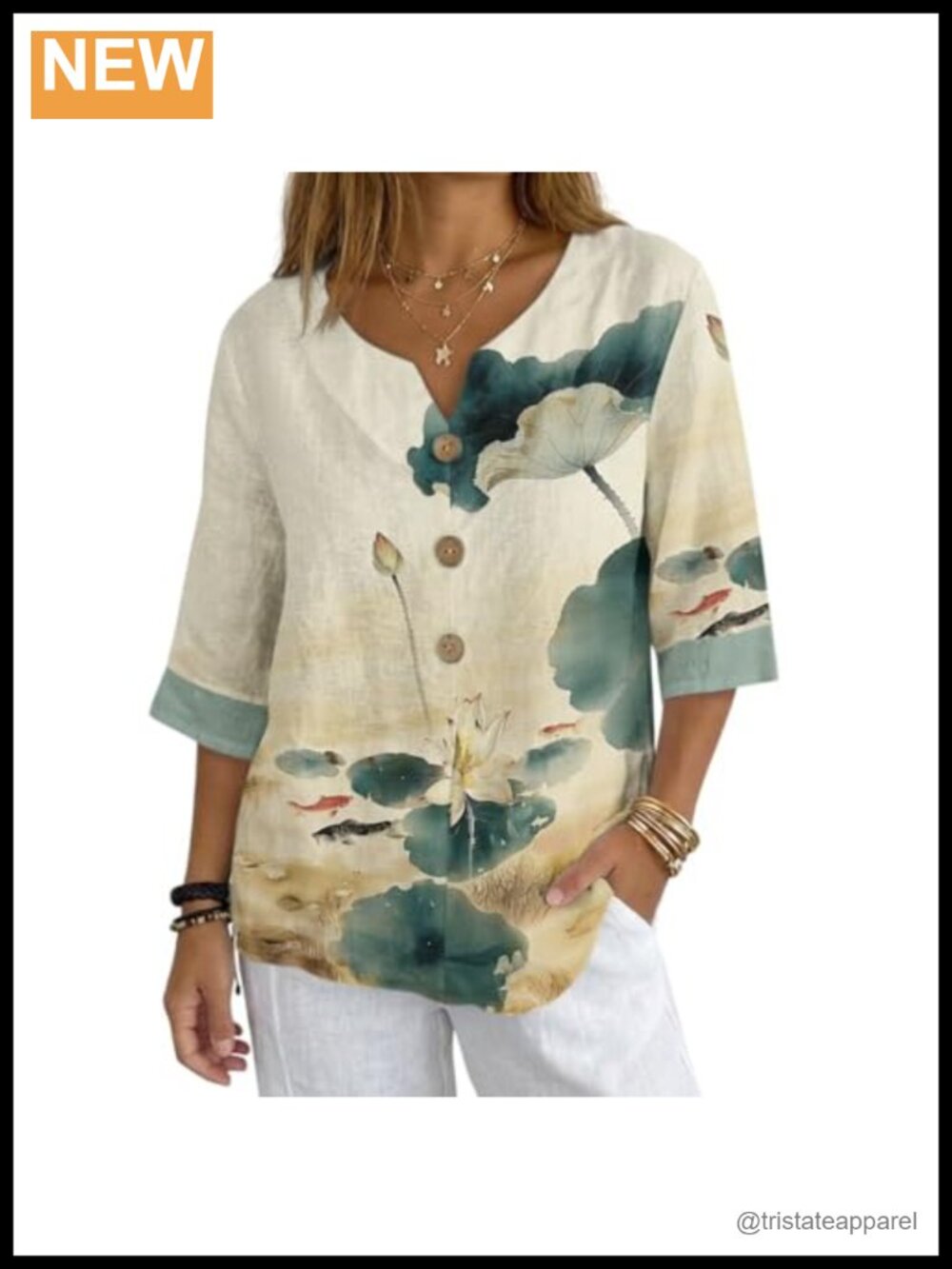 Linen Blend V-Neck 3/4 Sleeve Tunic Button Blouse Loose Fit